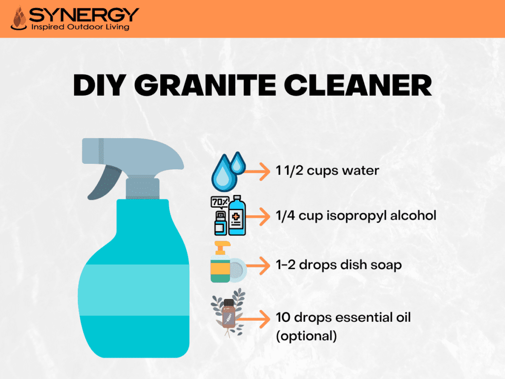 DIY Granite Cleaner - 1.5 cups of water, 1/4 cup of isopropyl alcohol, 1-2 drops of dish soap, and an optional 10 drops of essential oil of your choice. 