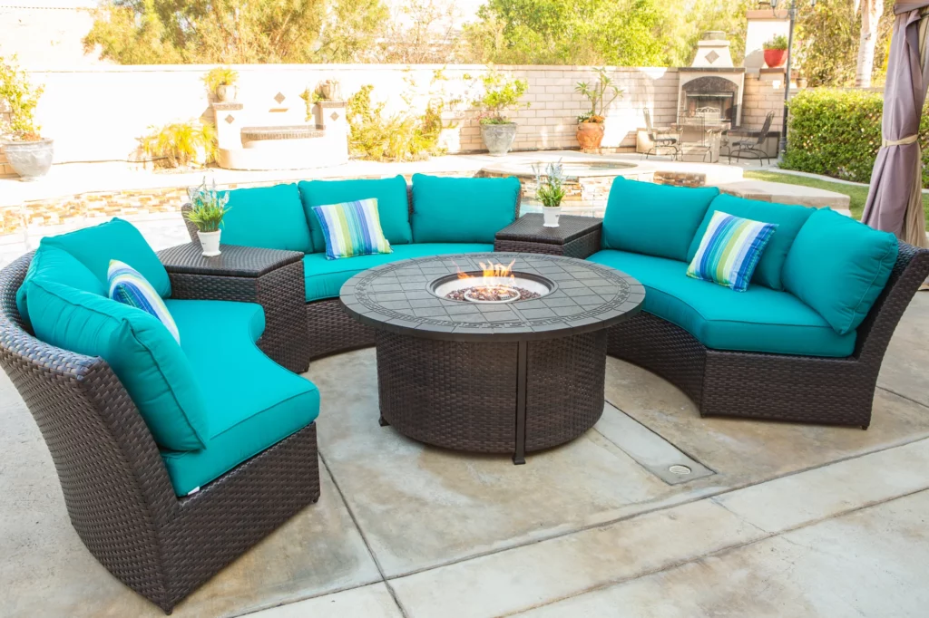 Summerset Sofa with Turquoise Pillows and Fire Table 