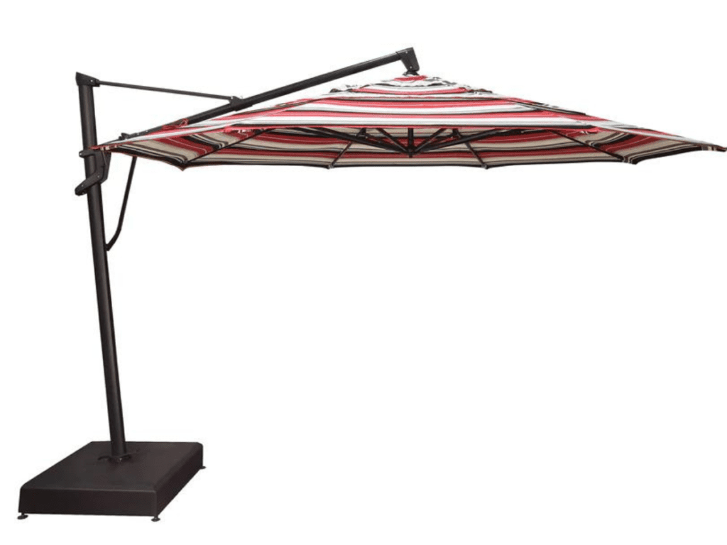 striped patio umbrella on cantilevered stand