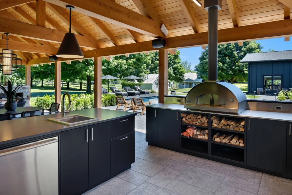 full outdoor kitchen in black cabinetry from Urban Bonfire 