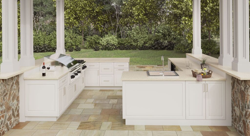 White Endura cabinetry in outdoor kitchen